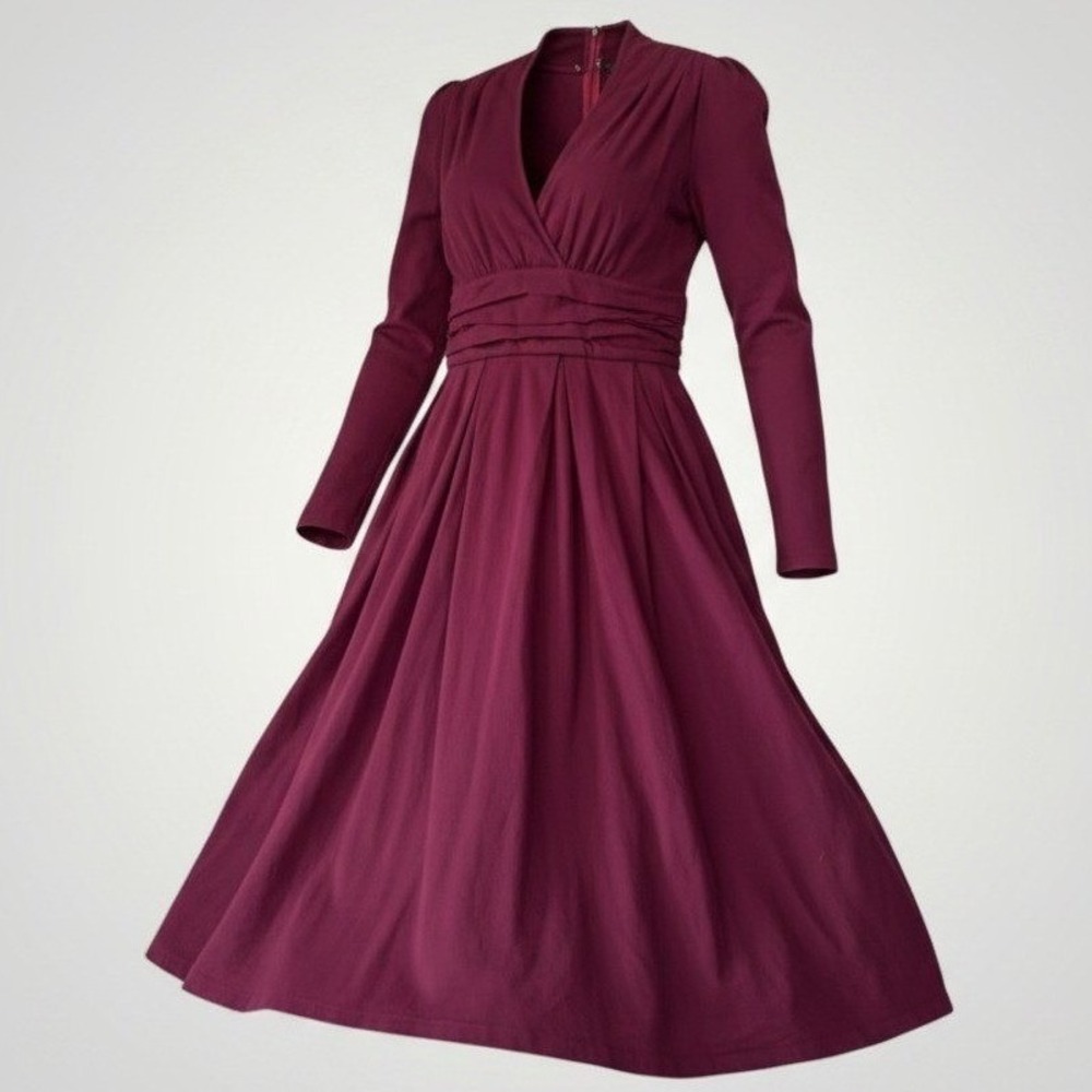 eShakti Fit Flare Dress Women Small Burgundy V-Neck Midi Dark Academia Modest